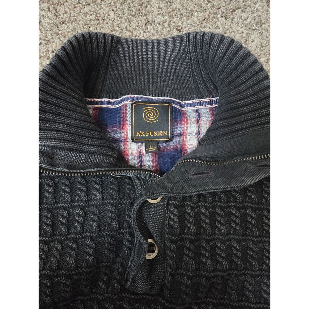 F/X Fusion Men's Quarter Button Knit Sweater Mock Neck Shoulder Patches Sz L - Picture 4 of 6